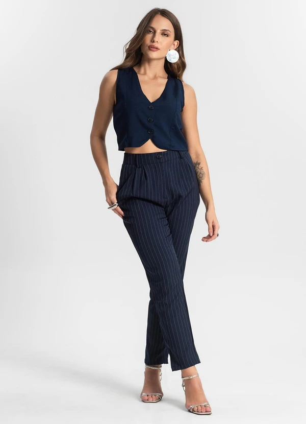 Rovitex - Calça Alfaiataria Cenoura de Risca Giz Azul 3