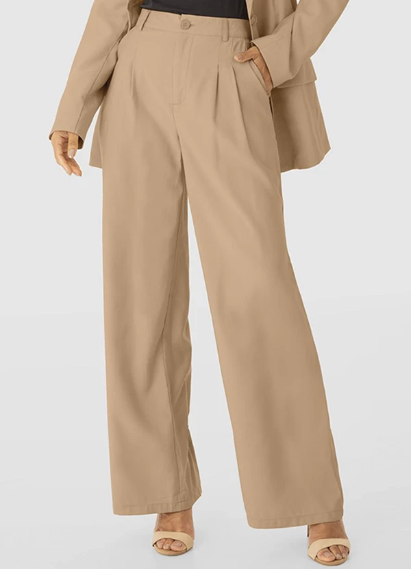 Enfim Calça Alfaiataria em Liocel com Pregas Bege