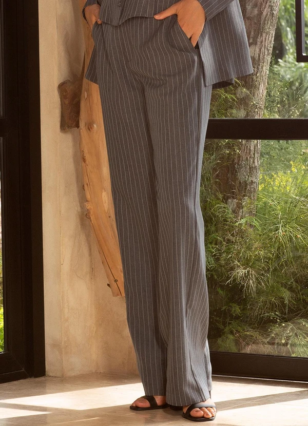 Principessa - Calça Wide Leg em Alfaiataria Risca de Giz Eulália