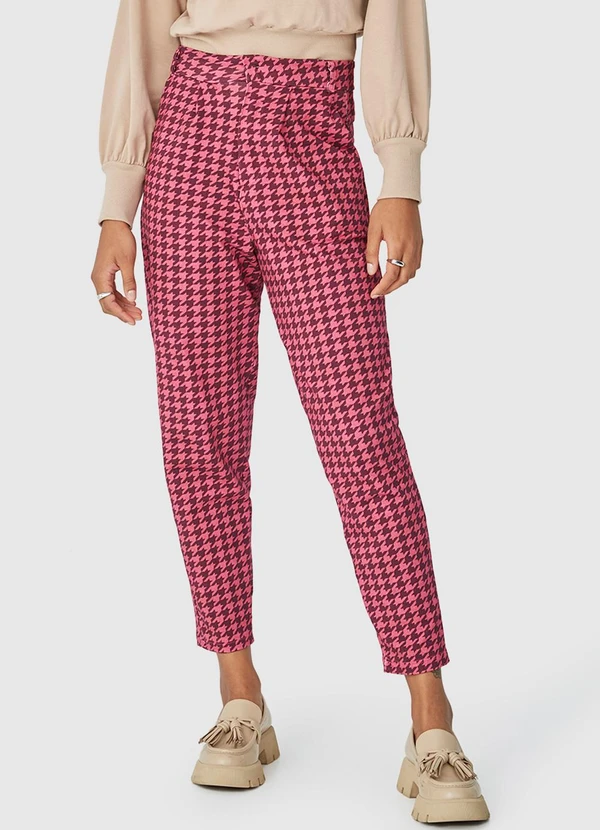Malwee - Calça Feminina Alfaiataria Pied de Poule Rosa