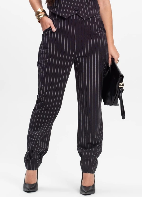 Rovitex - Calça Feminina em Alfaiataria Risca de Giz Preto