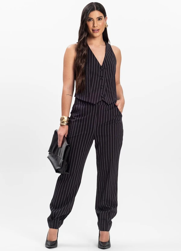 Rovitex - Calça Feminina em Alfaiataria Risca de Giz Preto 3