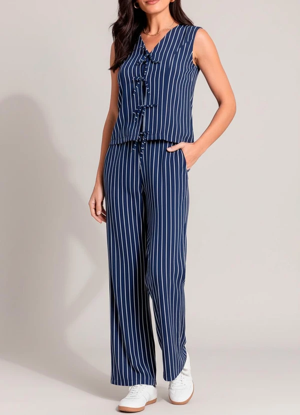 Quintess - Calça Listrado Marinho em Tecido de Poliéster 5