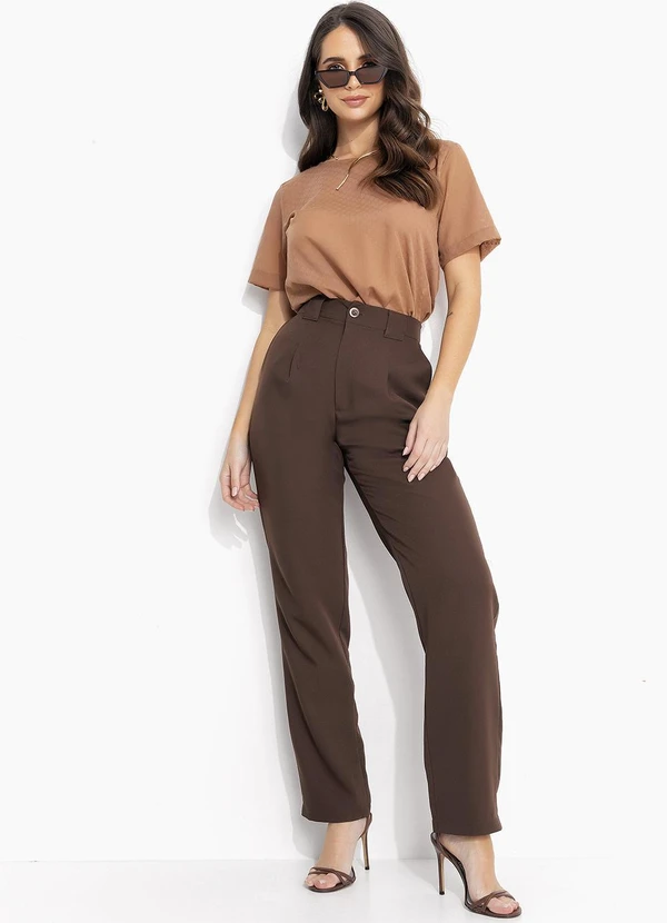 Quintess - Calça Marrom em Crepe Plano 7