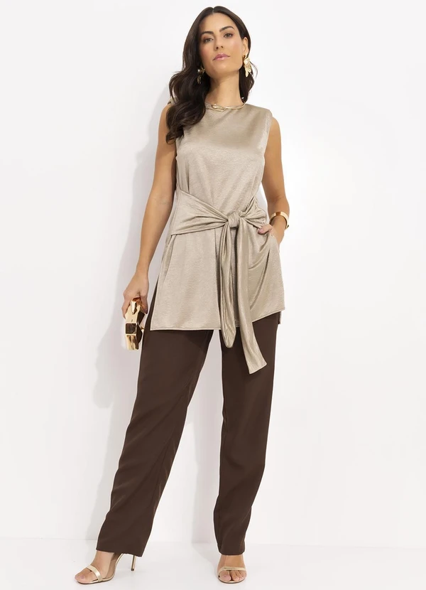 Quintess - Calça Marrom em Crepe Plano 3