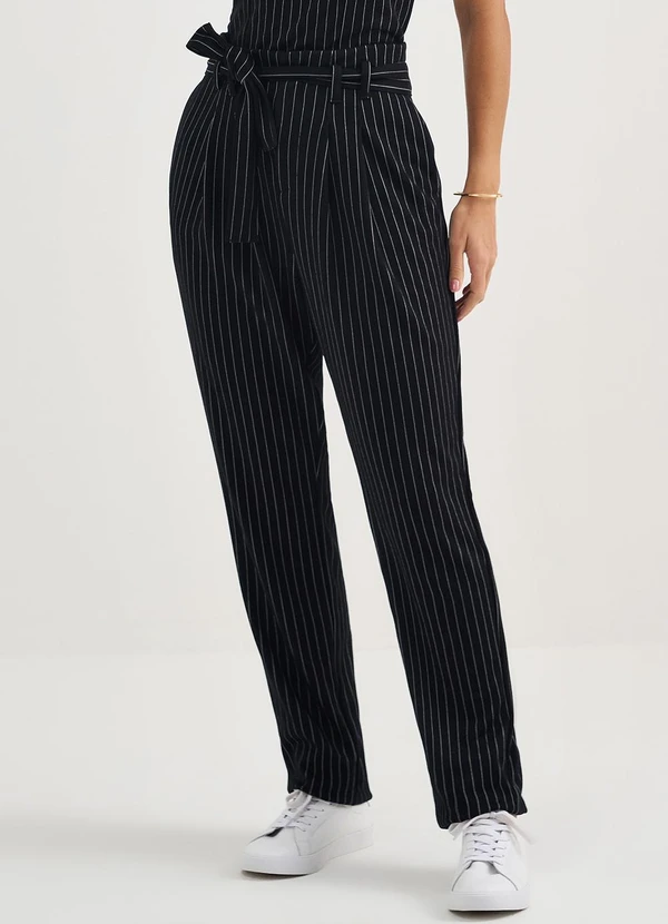 Principessa - Calça Reta de Malha Risca de Giz Preto Dany