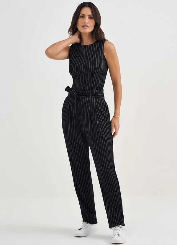 Principessa - Calça Reta Regular de Malha Risca de Giz Preto /Branco Dany 3