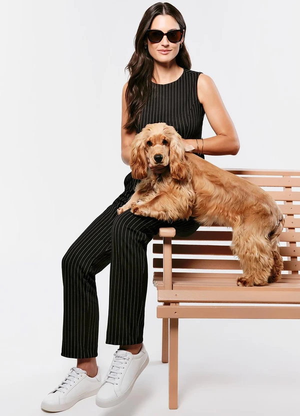 Principessa - Calça Reta Regular de Malha Risca de Giz Preto /Branco Dany 5