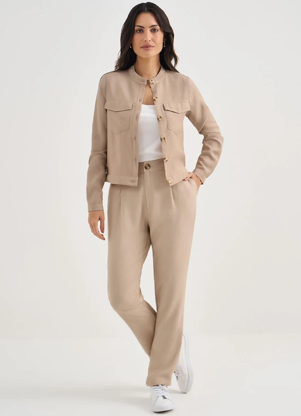 Principessa - Calça Reta Regular de Alfaiataria de Viscose Bege Dalmira 3