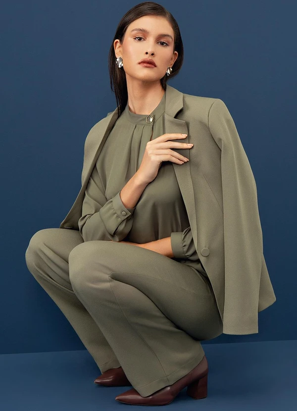 Principessa - Calça Wide Leg de Alfaiataria Creponada Verde Oliva Val 10