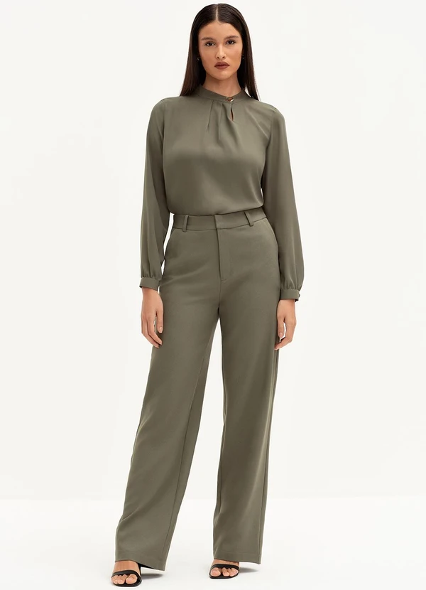 Principessa - Calça Wide Leg de Alfaiataria Creponada Verde Oliva Val 3