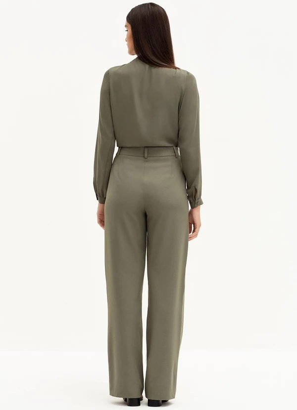 Principessa - Calça Wide Leg de Alfaiataria Creponada Verde Oliva Val 4