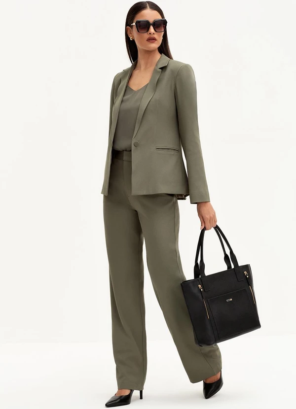 Principessa - Calça Wide Leg de Alfaiataria Creponada Verde Oliva Val 8