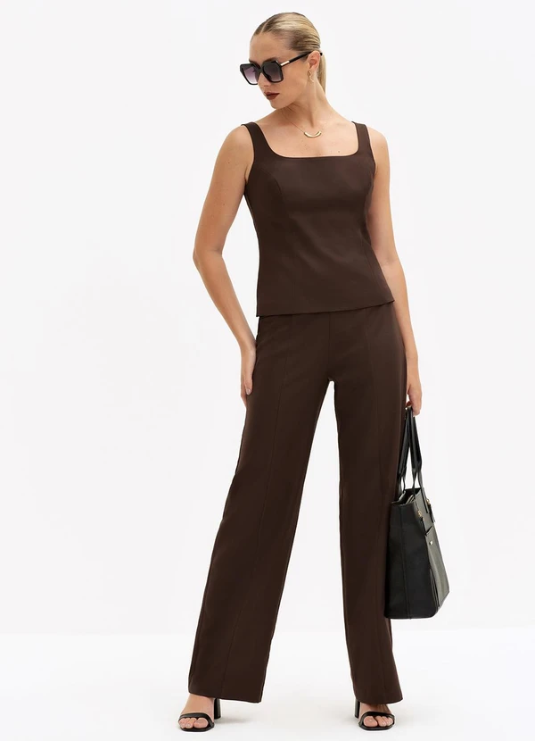 Principessa - Calça Wide Leg de Alfaiataria Beatriz Marrom 5