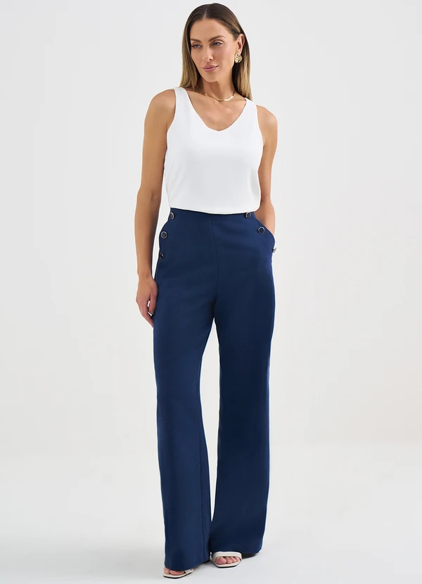 Principessa - Calça Wide Leg de Linho com Botões de Resina Marinho Erleia 3