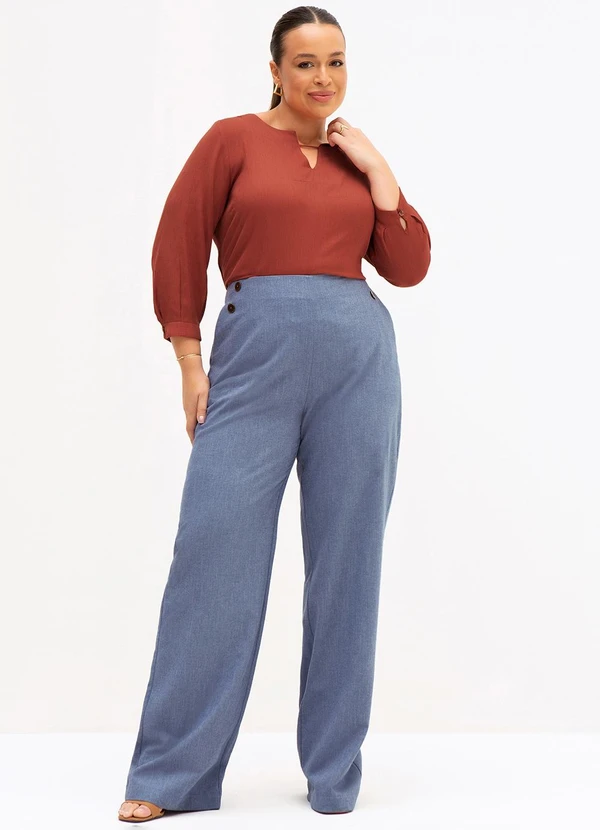 Principessa - Calça Wide Leg em Algodão Azul Médio Francesca 10