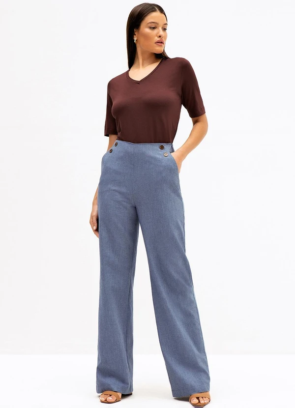 Principessa - Calça Wide Leg em Algodão Azul Médio Francesca 3