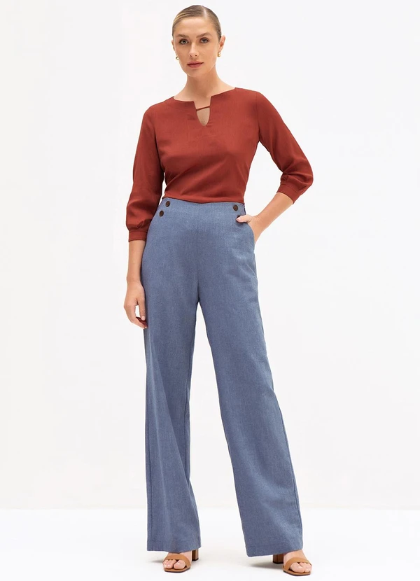 Principessa - Calça Wide Leg em Algodão Azul Médio Francesca 7