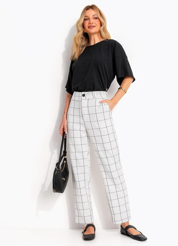 Quintess - Calça Xadrez Grid em Tecido Alfaiataria 2