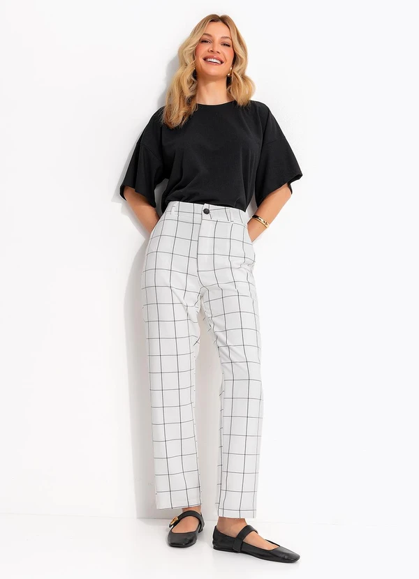 Quintess - Calça Xadrez Grid em Tecido Alfaiataria