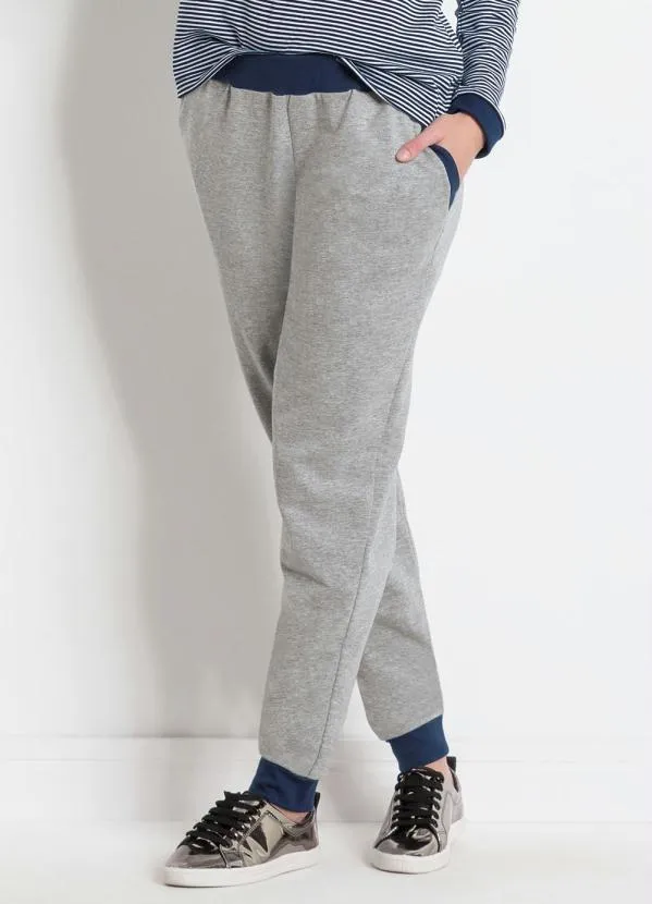 Moda Pop - Calça Jogging Mescla e Marinho Bolsos Funcionais