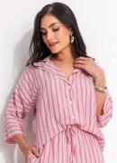 Blusa Listrado Rosa e Cinza em Viscose Plana