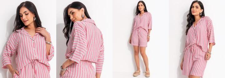 Blusa Listrado Rosa e Cinza em Viscose Plana