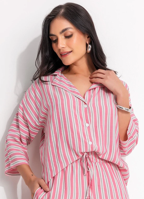 Quintess - Blusa Listrado Rosa e Cinza em Viscose Plana