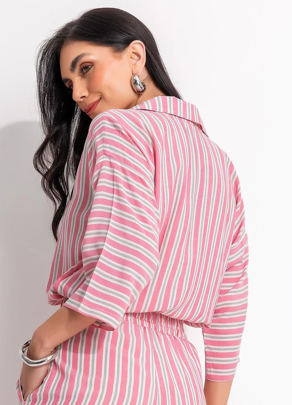 Quintess - Blusa Listrado Rosa e Cinza em Viscose Plana 7