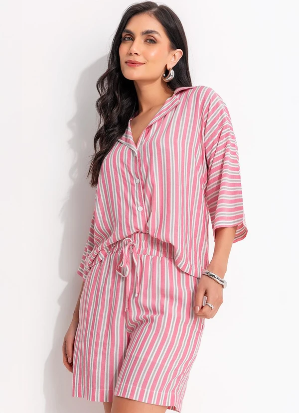 Quintess - Blusa Listrado Rosa e Cinza em Viscose Plana 5