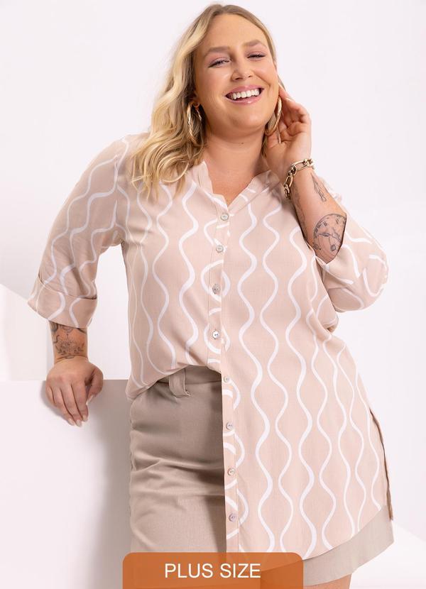 Lunender Mais Mulher - Camisa Alongada Manga Média Gola Padre Marrom