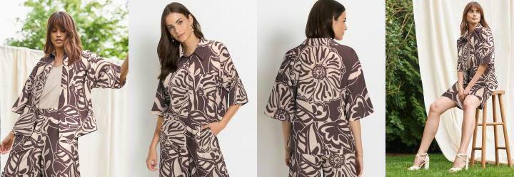 Camisa Ampla Alfaiataria Folhas Marrom