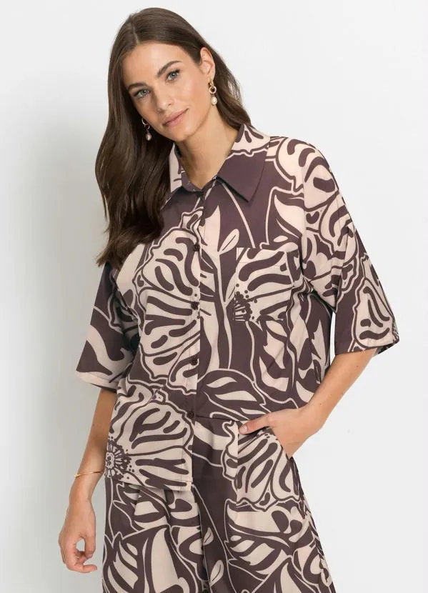 bonprix - Camisa Ampla Alfaiataria Folhas Marrom 2