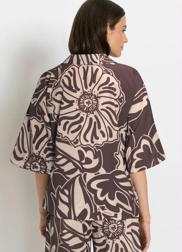 bonprix - Camisa Ampla Alfaiataria Folhas Marrom 3