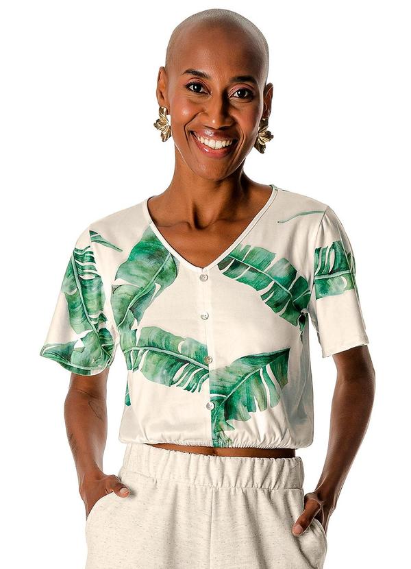 Rovitex - Camisa com Folhas e Manga Ampla Bege