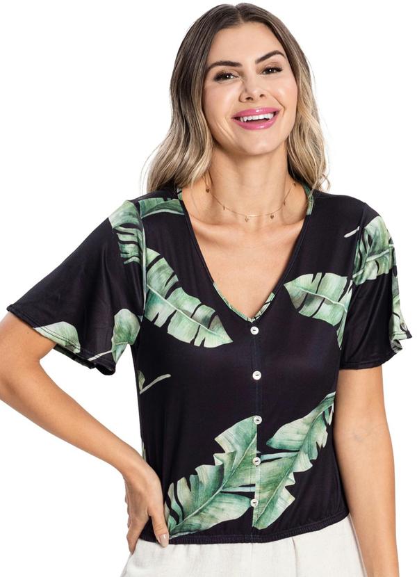 Rovitex - Camisa com Folhas e Manga Ampla Preto