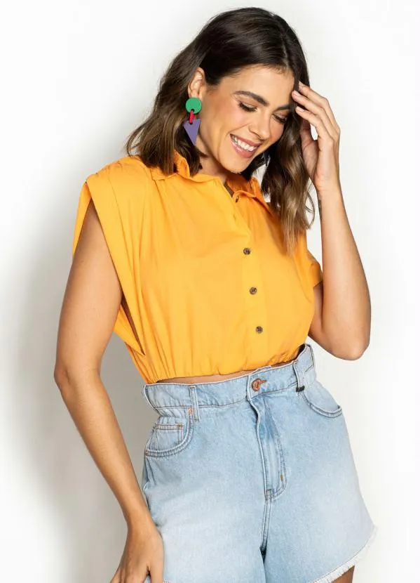 Colcci - Camisa Cropped de Tricoline Laranja