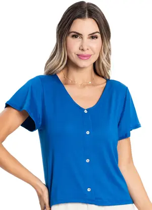 Rovitex - Camisa Feminina Malha Delicate com Botões Azul - ROVITEX