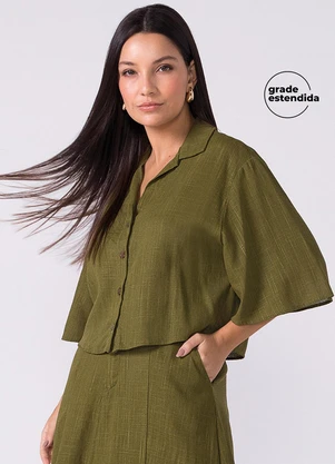 Marialícia - Camisa Feminina Manga Ampla Viscolinho Verde - MARIALÍCIA