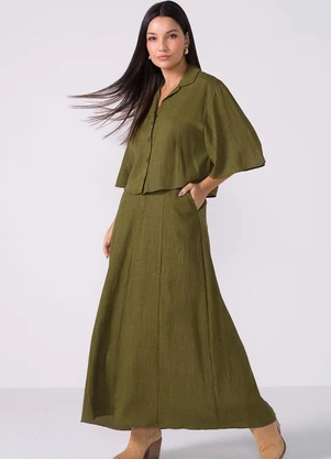 Marialícia - Camisa Feminina Manga Ampla Viscolinho Verde - MARIALÍCIA