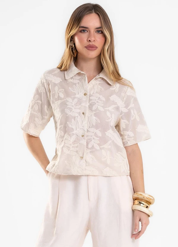 Endless - Camisa Feminina Manga Curta Bordada Bege