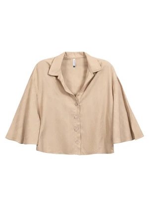 Marialícia - Camisa Feminina Manga Flare Bege - MARIALÍCIA