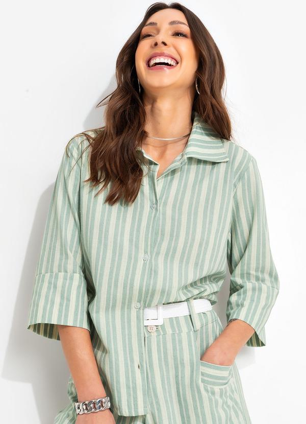 Bimini - Camisa Listrado Verde e Branco em Tecido Plano L