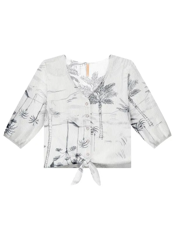 Lunender - Camisa Manga 3/4 em Viscose com Laço Off White