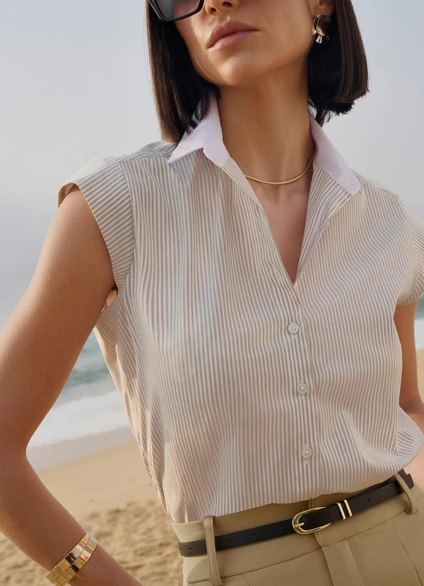 Principessa - Camisa Manga Copinho Listrada Off e Mocha Mousse Gabriele 6