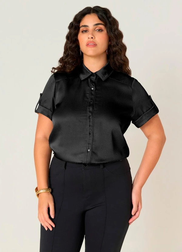 Elegance - Camisa Manga Curta com Barra Dobrada Preto