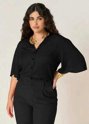 Elegance - Camisa Manga Curta com Ombros Franzidos Preto - ELEGANCE