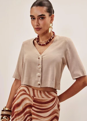 Elegance - Camisa Manga Curta de Viscose Bege Aveia - ELEGANCE