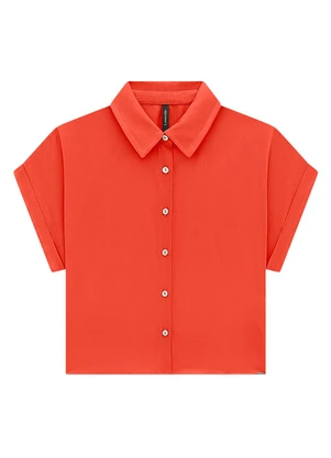 Lunender - Camisa Manga Curta em Viscose Cropped Laranja - LUNENDER