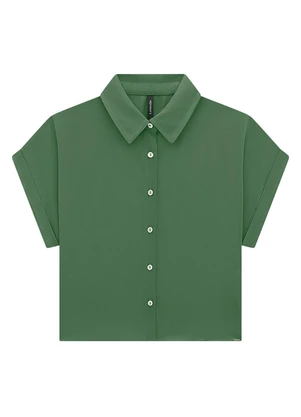 Lunender - Camisa Manga Curta em Viscose Cropped Verde - LUNENDER